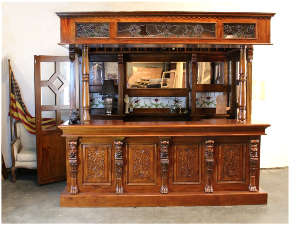 Lion Crest Tiffany Glass CANOPY TAVERN Bar Pub Furniture with Wine Racks Antique Replica