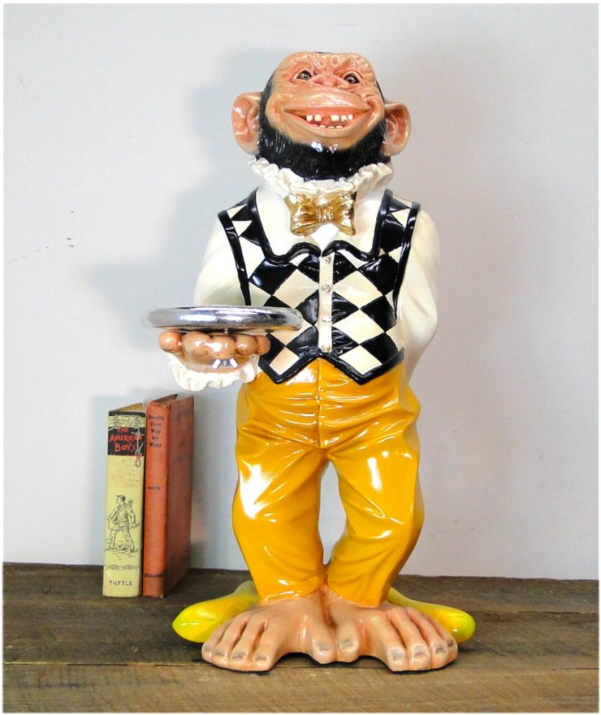 2' Tall Monkey Butler Ape STATUE w Silver tray, Suit & Bow Tie, Bar, Kitchen
