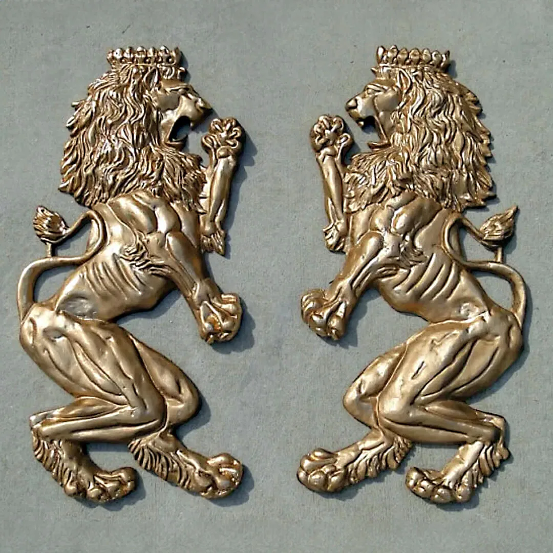 The Kings Bay Pair Of Wall Mounted Royal Lion Crest Sculptures – 30 Inches Tall, Gold Aluminum