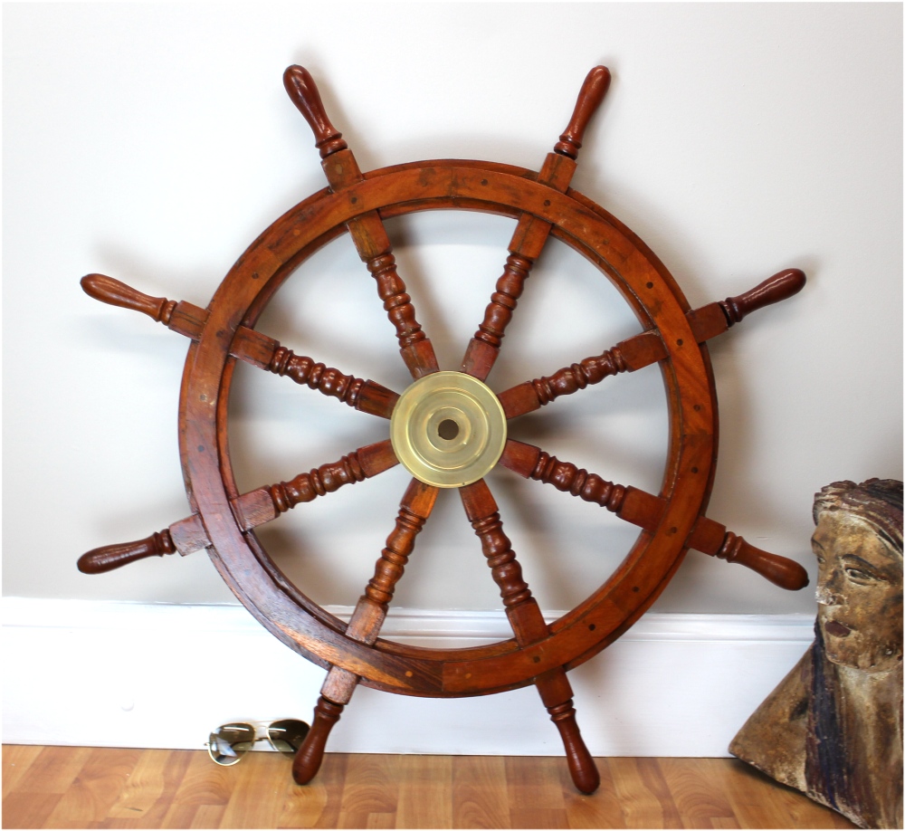 36" Nautical Marine Wooden Steering Ship Wheel Brass Anchor Pirate Captain Ship
