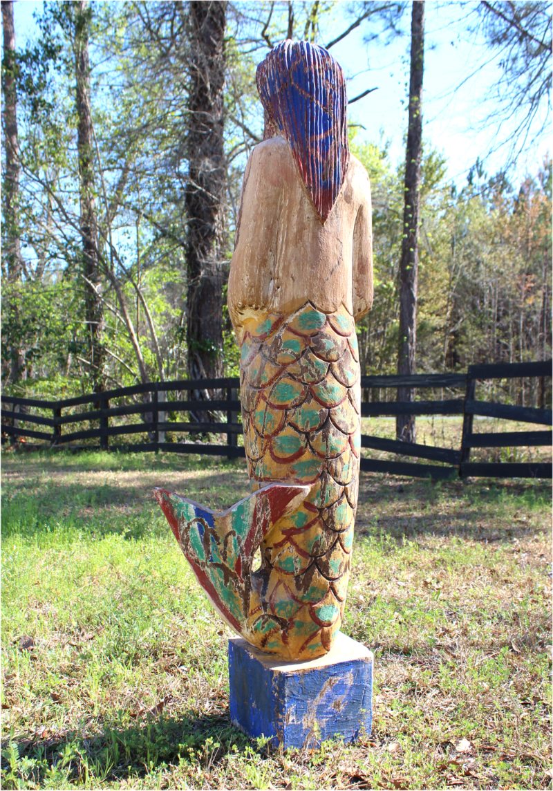 Wooden Hand Carved Mermaid Standing Statue Folk Art Painted Nautical 4 Feet Tall 