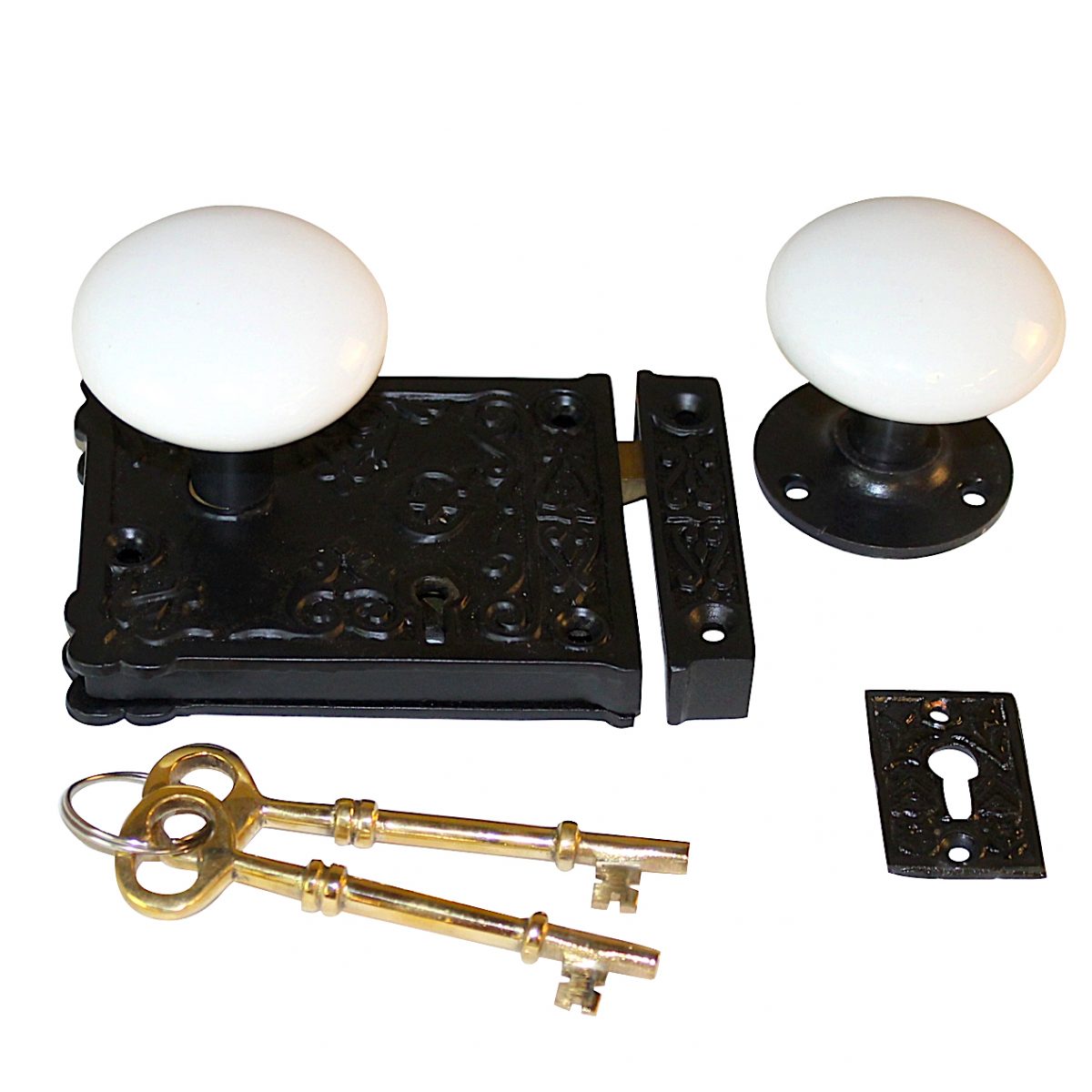 Cast Iron Rim Lock Set with White Porcelain Knobs in Ornate Design