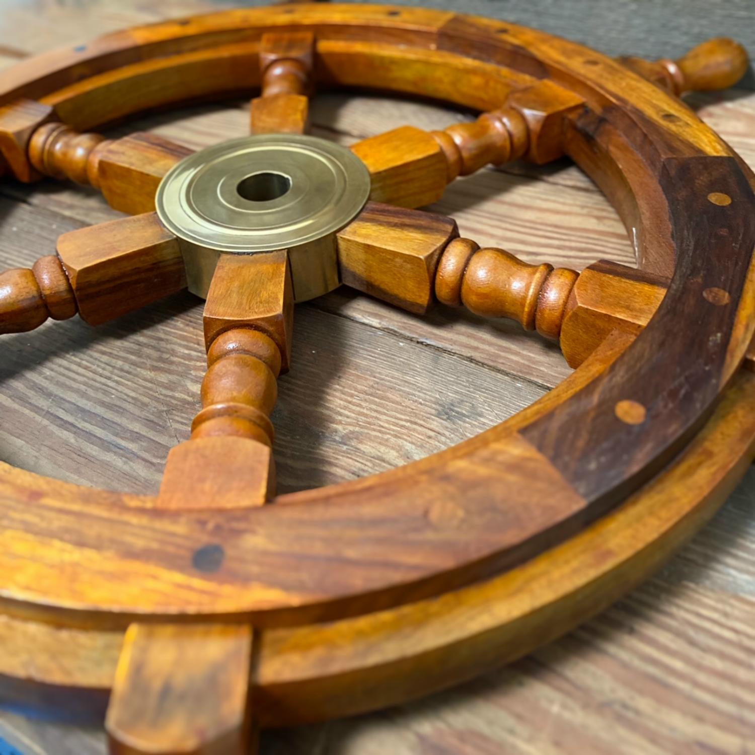 Ship's Teak Wood Steering Wheel 24 Inch Antique Style Brass Center 