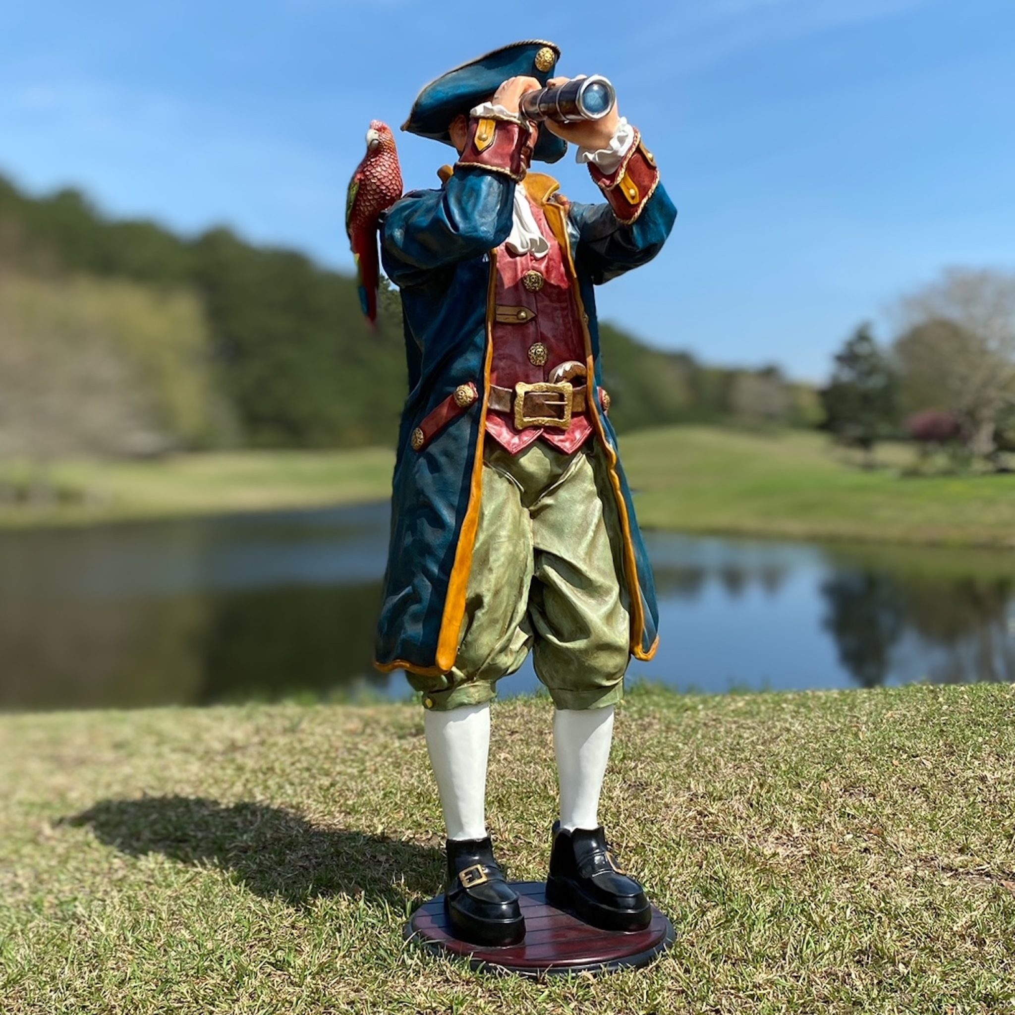Life Size Caribbean Pirate Statue with Telescope and Parrot Captain