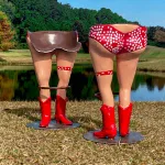 pair of cow girl bar stools with red polka dot bikini