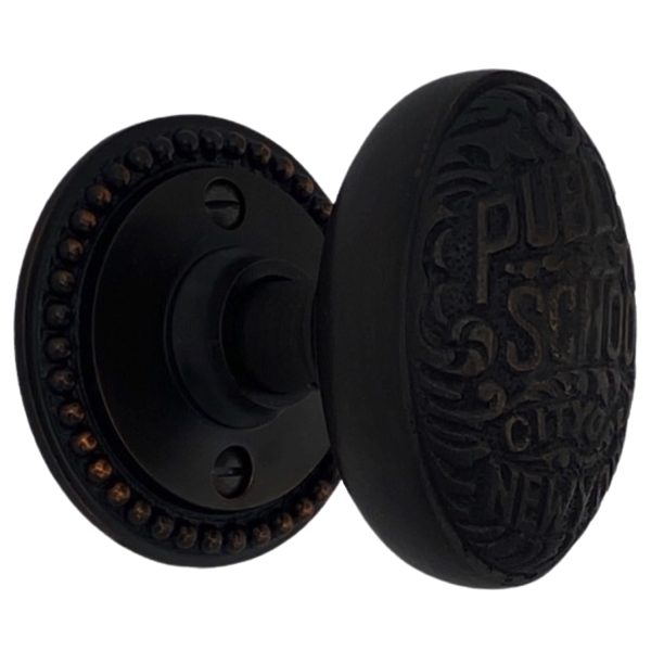 beaded round rosette privacy set in oil rubbed bronze with new york door knobs