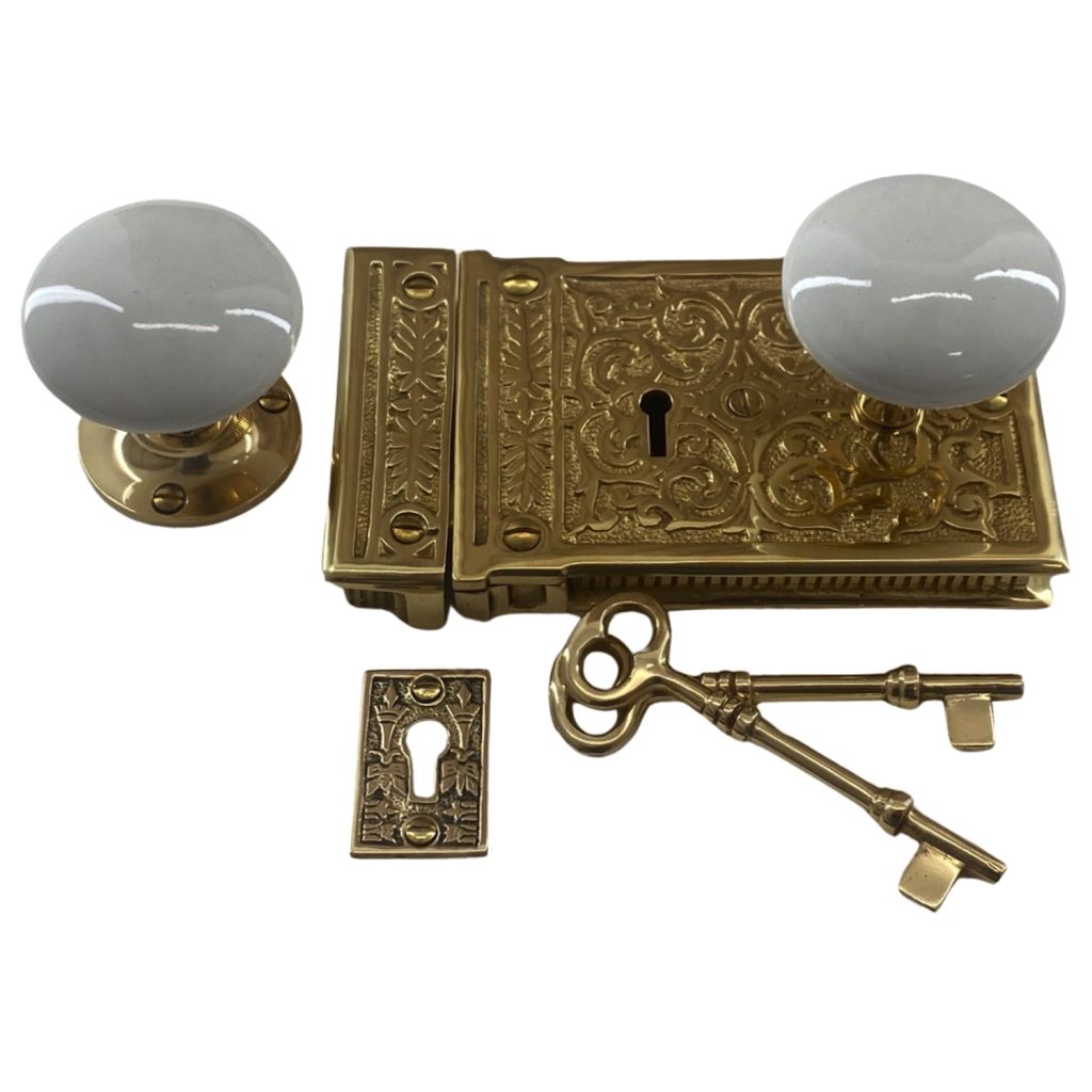 Rectangular Solid Brass Ornate Rim Lock Victorian Style | The Kings Bay