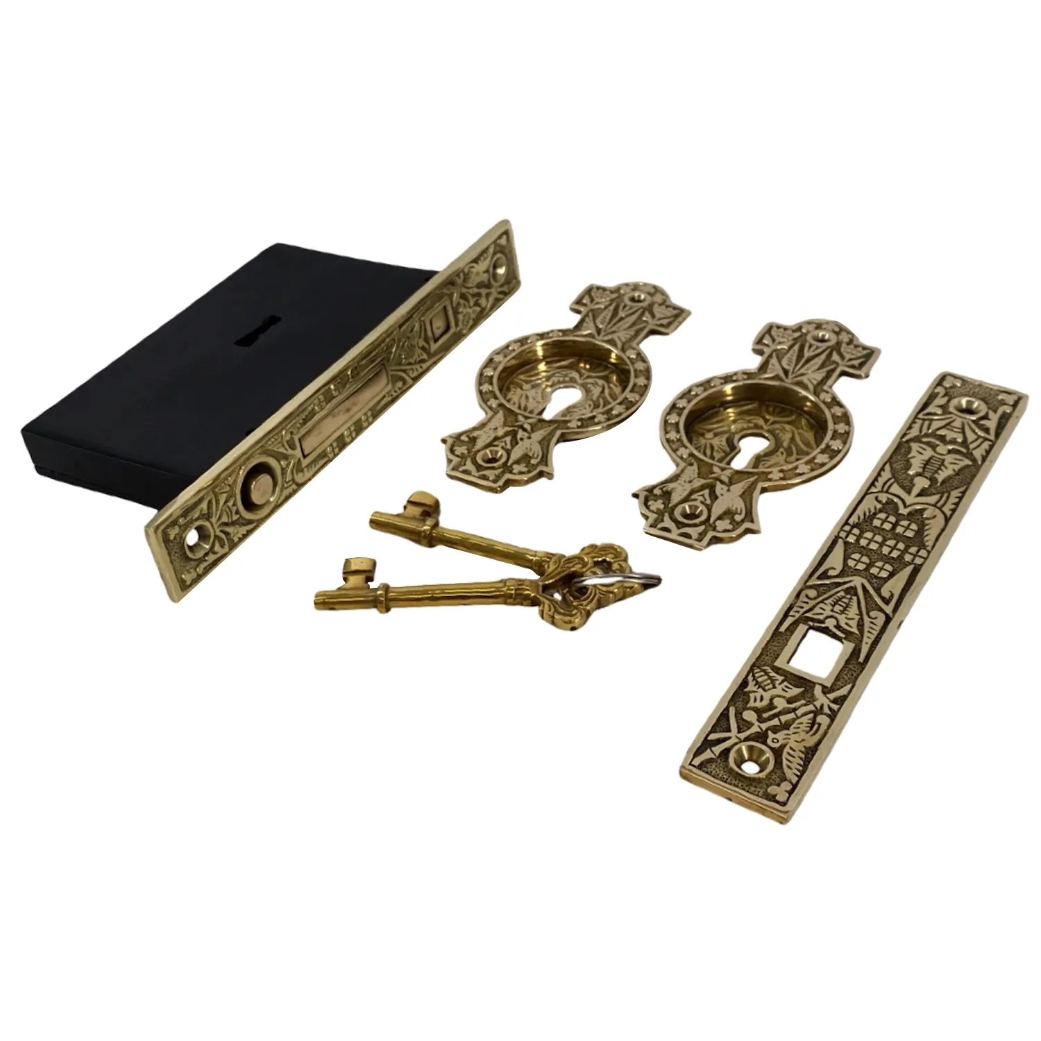 hummingbird motif pocket door lock set in solid brass