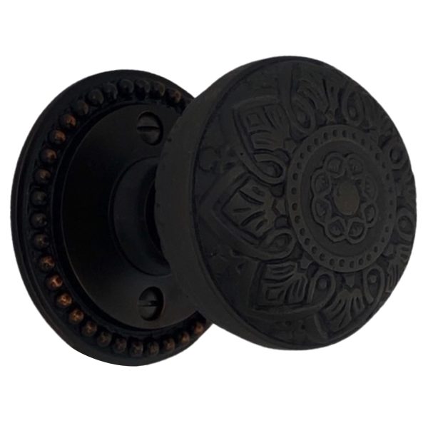 beaded round rosette passage set in oil rubbed bronze with spade door knobs