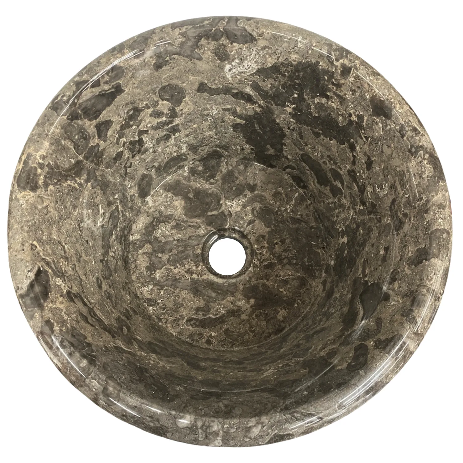 cone shaped pedestal sink with dark grey granite marble