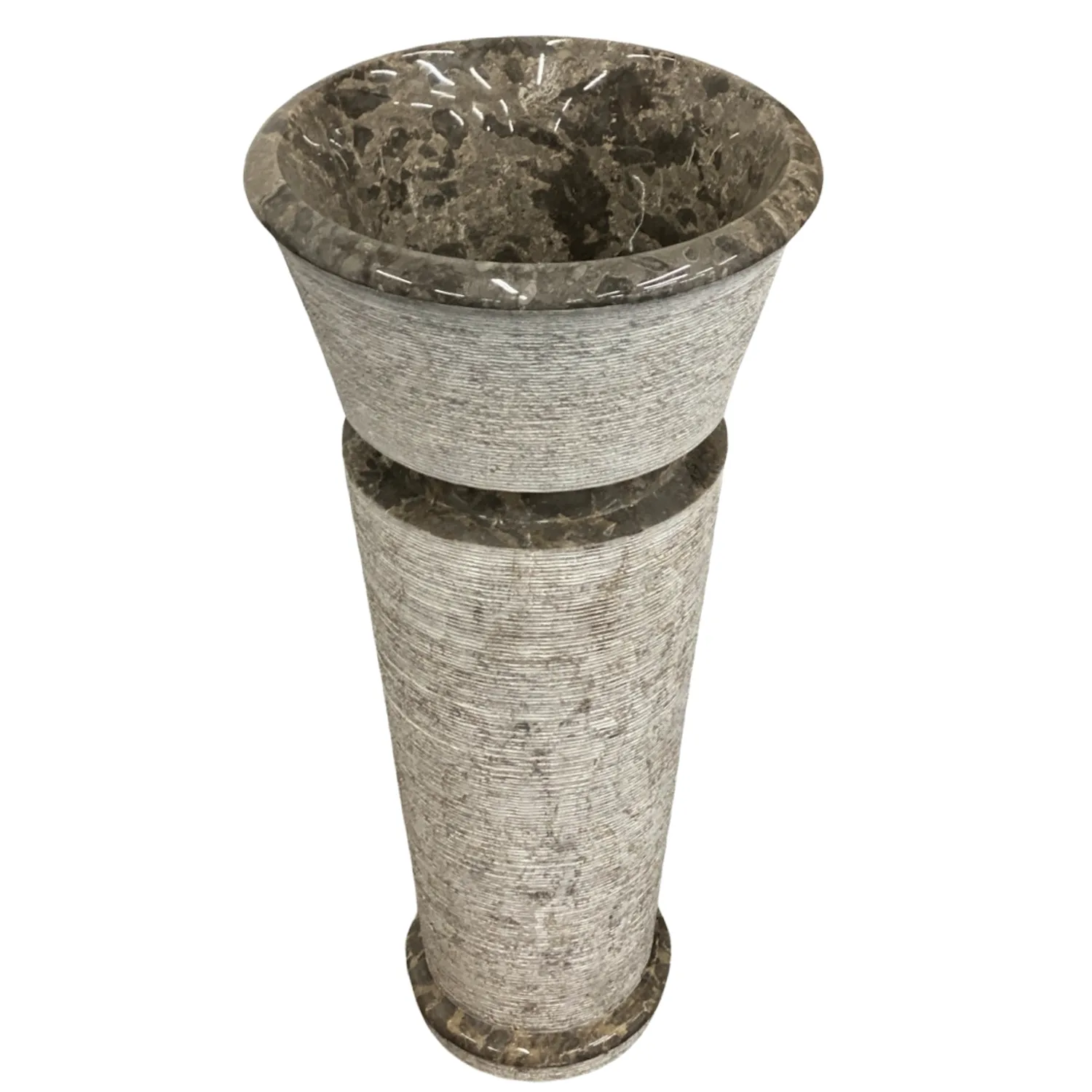 cone shaped pedestal sink with dark grey granite marble