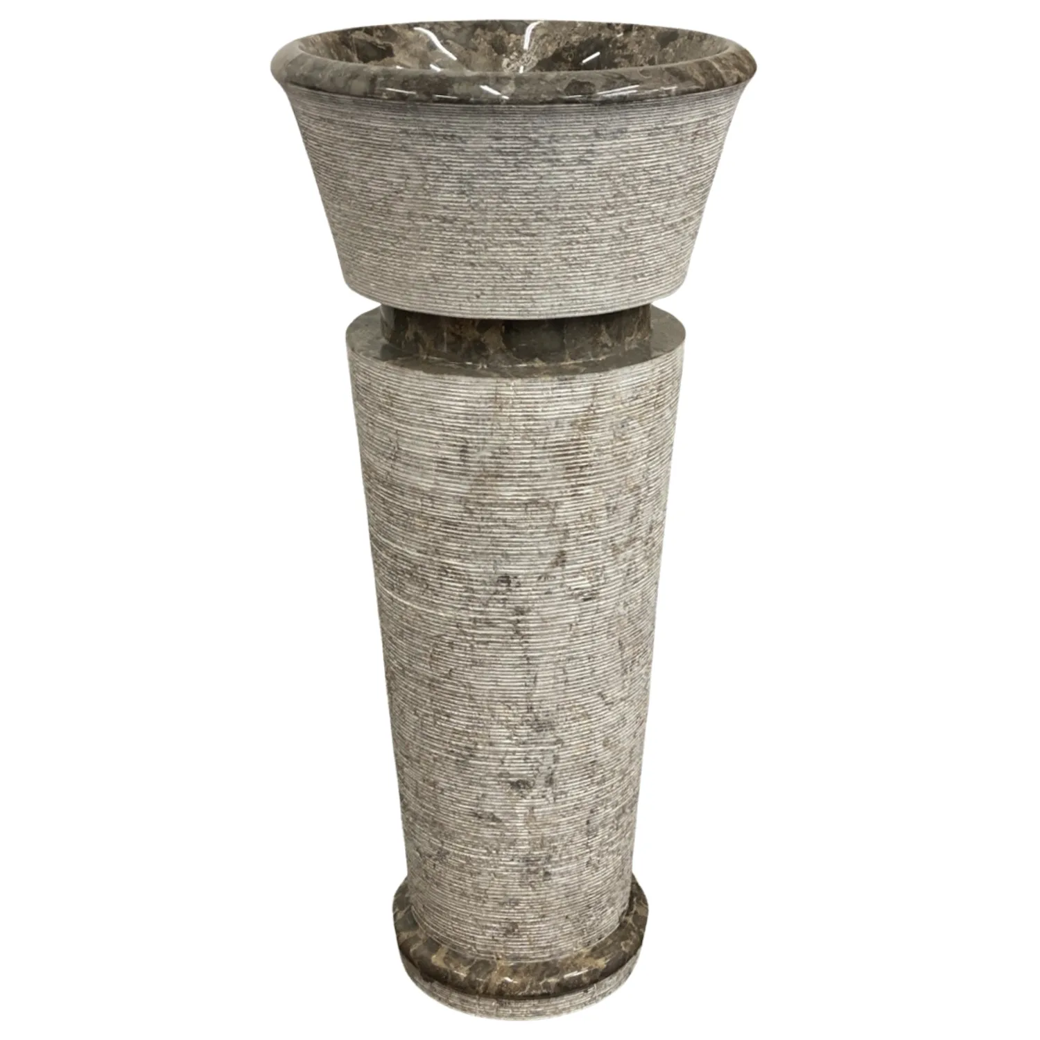 cone shaped pedestal sink with dark grey granite marble