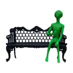 alien statue sitting on bench drinking can glow in dark