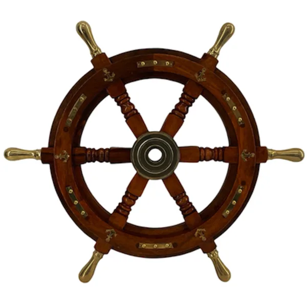 nautical maritime wooden ship's wheel with brass anchor accents 18 inches