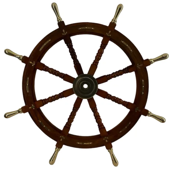 nautical maritime wooden ship's wheel with brass anchor accents 36 inches