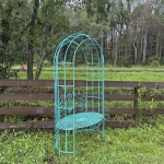 steel garden arbor trellis with seat in aged blue