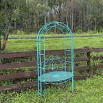 steel garden arbor trellis with seat in aged blue