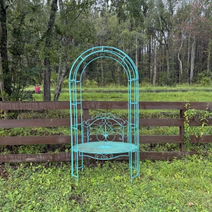 steel garden arbor trellis with seat in aged blue
