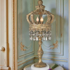 royal crown table lamp with mercury glass crystals and gold leaf