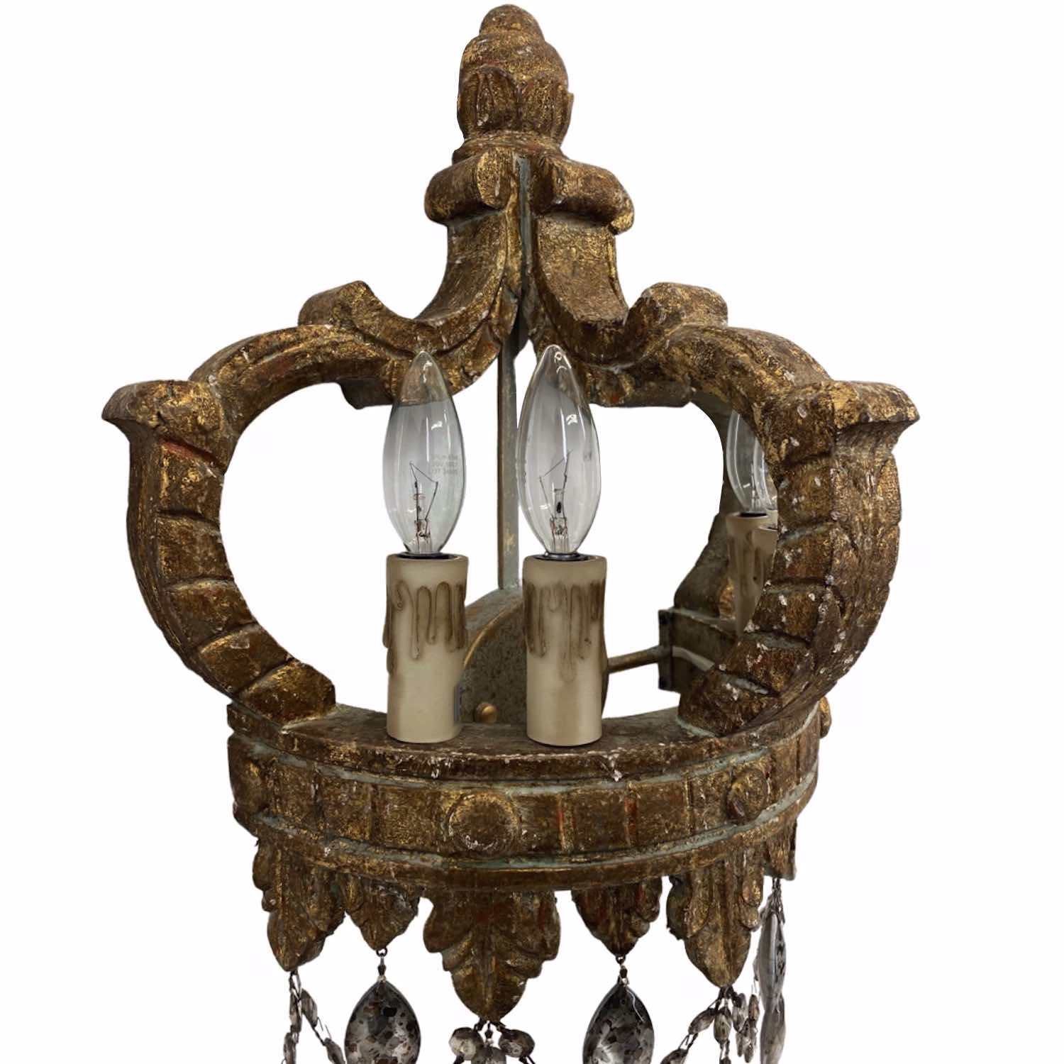 pair of gold leaf royal crowns wall sconces with mercury crystals