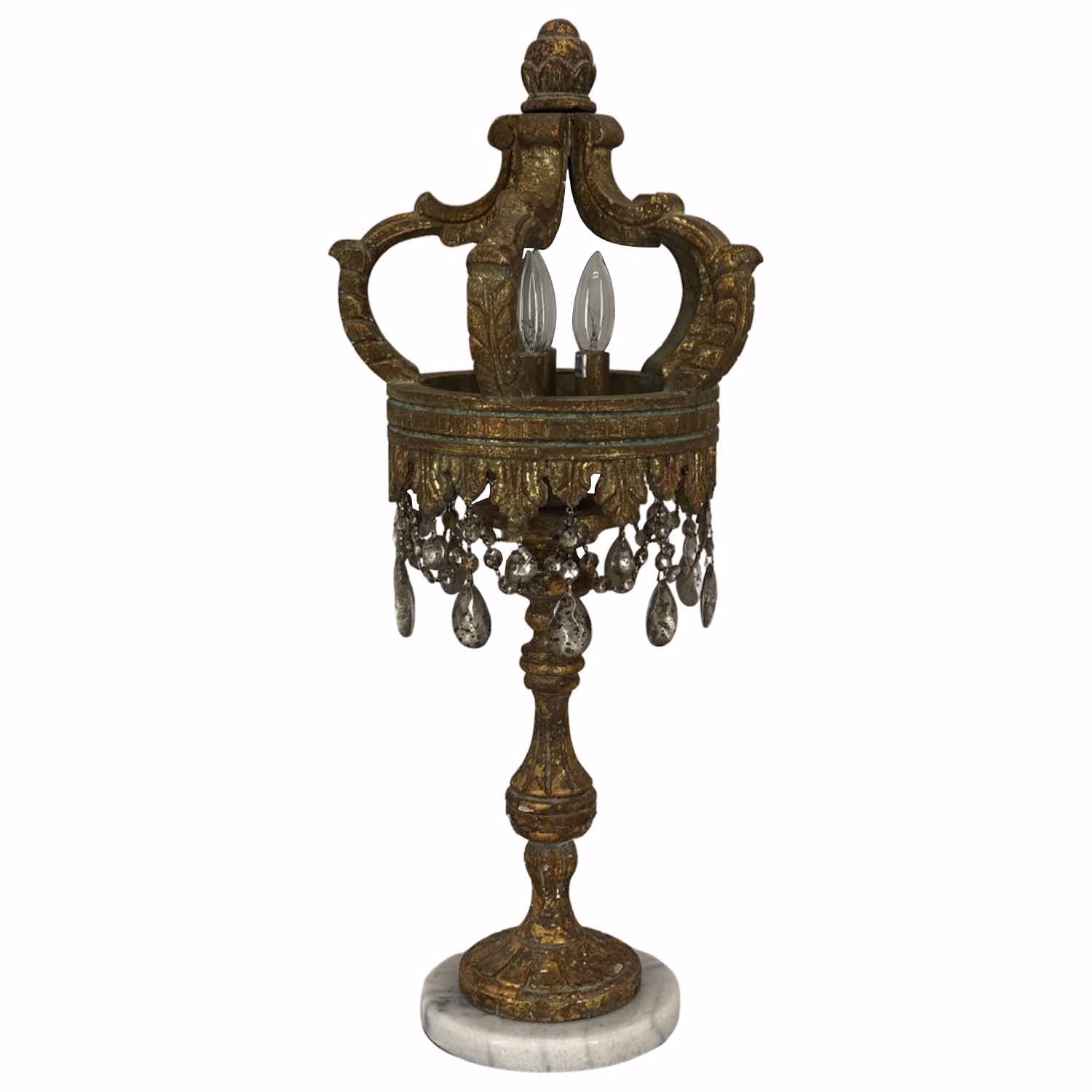 royal crown table lamp with mercury glass crystals and gold leaf