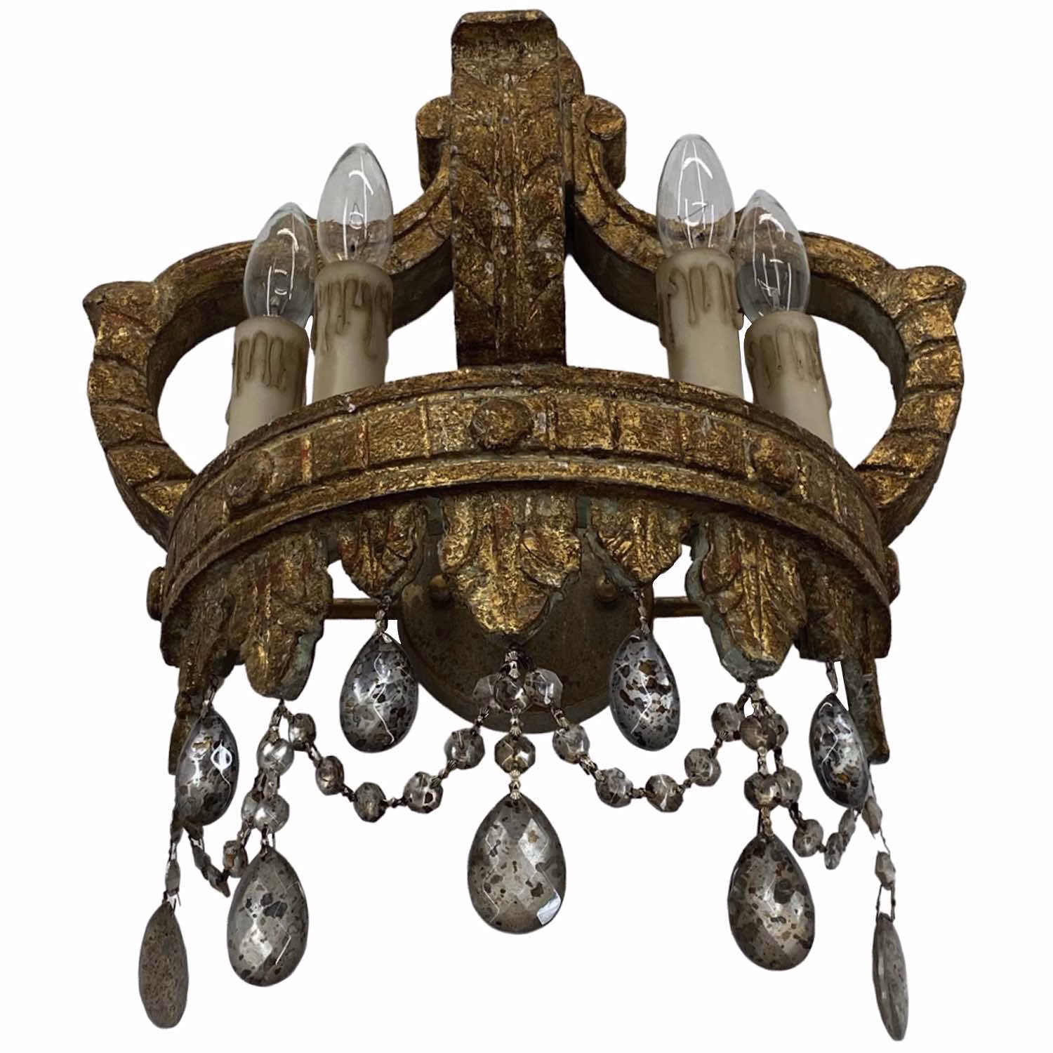pair of gold leaf royal crowns wall sconces with mercury crystals