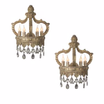pair of gold leaf royal crowns wall sconces with mercury crystals