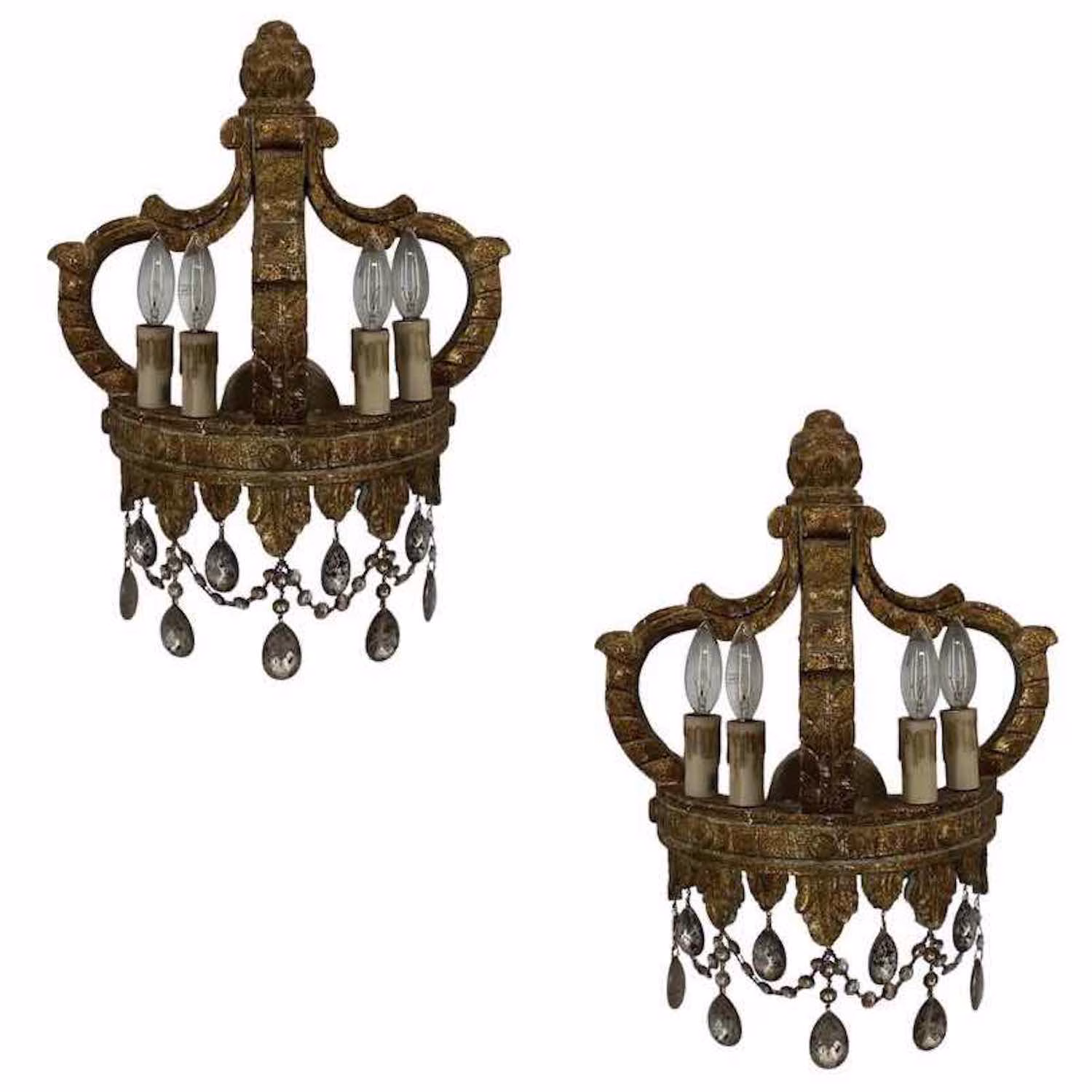 pair of gold leaf royal crowns wall sconces with mercury crystals