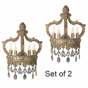 pair of gold leaf royal crowns wall sconces with mercury crystals