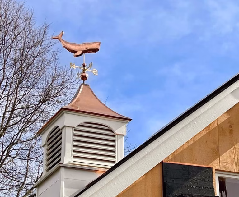 Customer Showcase Customer photo of a whale weathervane from The Kings Bay on top of a white cupola against a blue sky