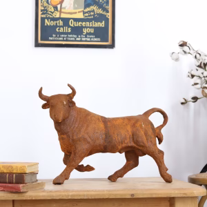 Heavy Authentic Cast Iron Charging Bull Sculpture – Durable Rustic Decor Piece