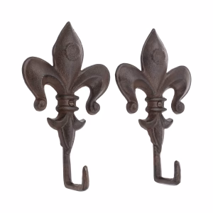 Pair of Fleur de Lis Cast Iron Hooks for Rustic and Vintage Decor - Rust or Gold