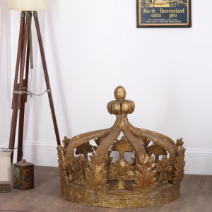 Giant Architectural Wood Chipped Painted Gold Prince Princess Crown Sculpture