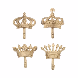 Cast Iron Crown Wall Hooks in Gold Painted Set of 4