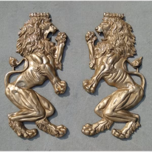 Pair of Wall Mounted Royal Lion Crest Sculptures 30" Tall Regal Theme
