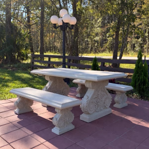 New Home 2026 Large Victorian faux marble garden table with two benches on a patio