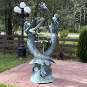 Vintage Bronze Mermaids and Lilypad Pour Over Architectural Garden Fountain