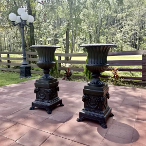 Pair of Big Victorian Garden Urns w Rams Head Base Cast Aluminum 44" Tall Each