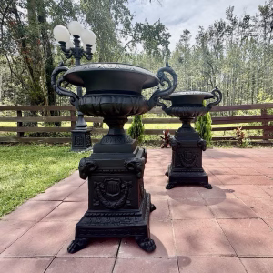 Pair of Giant Rams Head Urns with Handles Antique Replica Garden Sculptures
