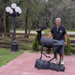 Stag Deer Statue on Rock Base Cast Aluminum Painted Buck Sculpture 67 Inches, front view